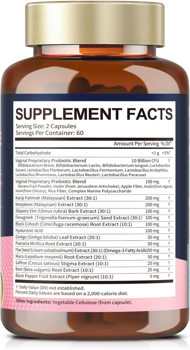 Vaginal Probiotics for Women Vaginal Moisturizer, pH, Odor, Flora, Hormones, Comfort, Mood & Relaxation, 30-in-1 Vaginal Moisture Plus with Slippery Elm Bark, Hyaluronic Acid, Fenugreek - 120 Caps