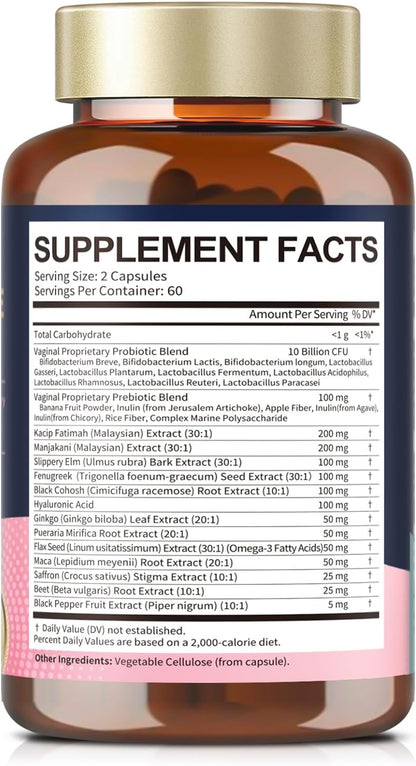 Vaginal Probiotics for Women Vaginal Moisturizer, pH, Odor, Flora, Hormones, Comfort, Mood & Relaxation, 30-in-1 Vaginal Moisture Plus with Slippery Elm Bark, Hyaluronic Acid, Fenugreek - 120 Caps