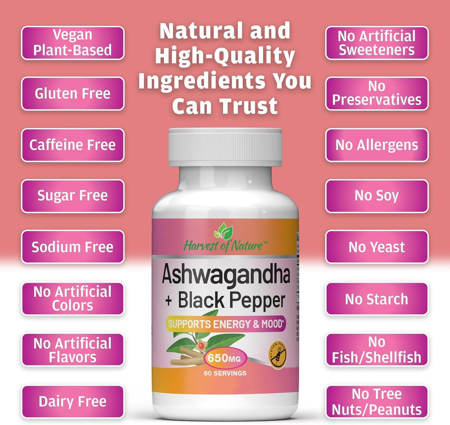 Harvest of Nature Ashwagandha & Black Pepper, 60 Capsules 1 Pack | Ashwagandha Root and Black Pepper Fruit for energy management and stress support