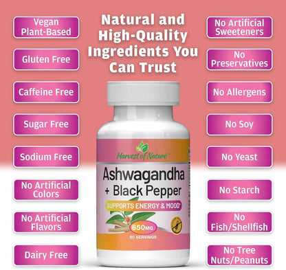 Harvest of Nature Ashwagandha & Black Pepper, 60 Capsules 1 Pack | Ashwagandha Root and Black Pepper Fruit for energy management and stress support