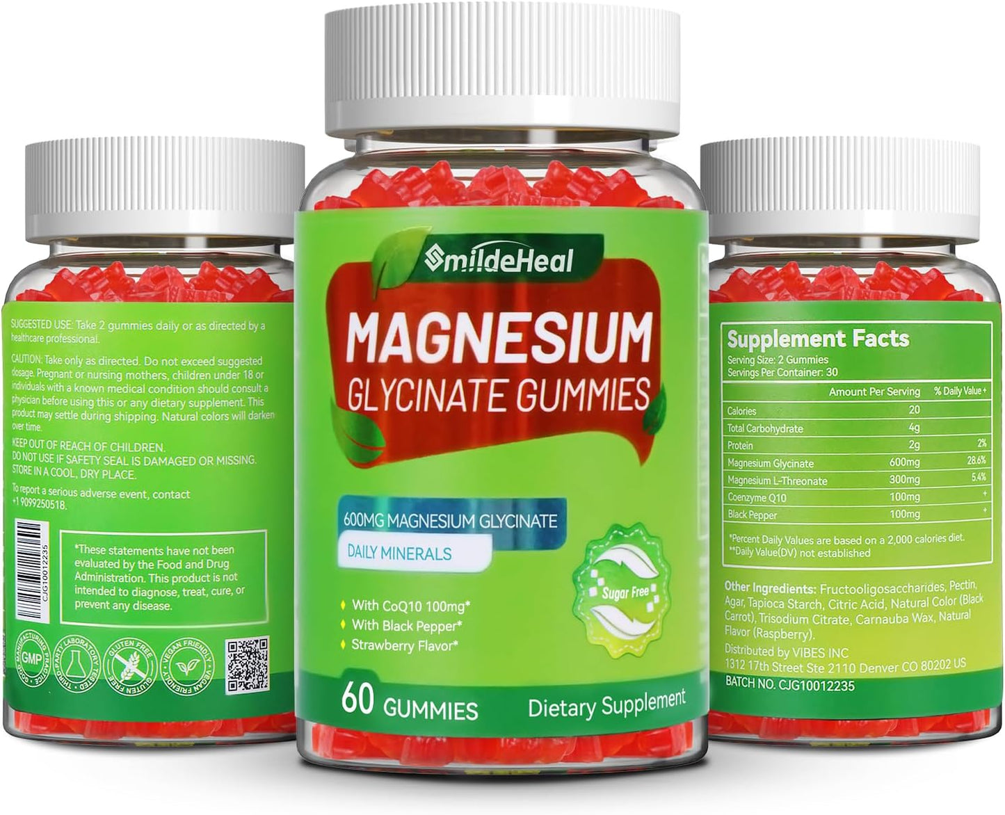 Magnesium Glycinate Gummies 600mg for Women & Men, with Magnesium L-Threonate 300mg, CoQ10 and Black Pepper, Vegan (60 Count)