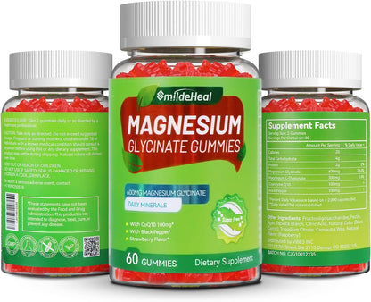 Magnesium Glycinate Gummies 600mg for Women & Men, with Magnesium L-Threonate 300mg, CoQ10 and Black Pepper, Vegan (60 Count)