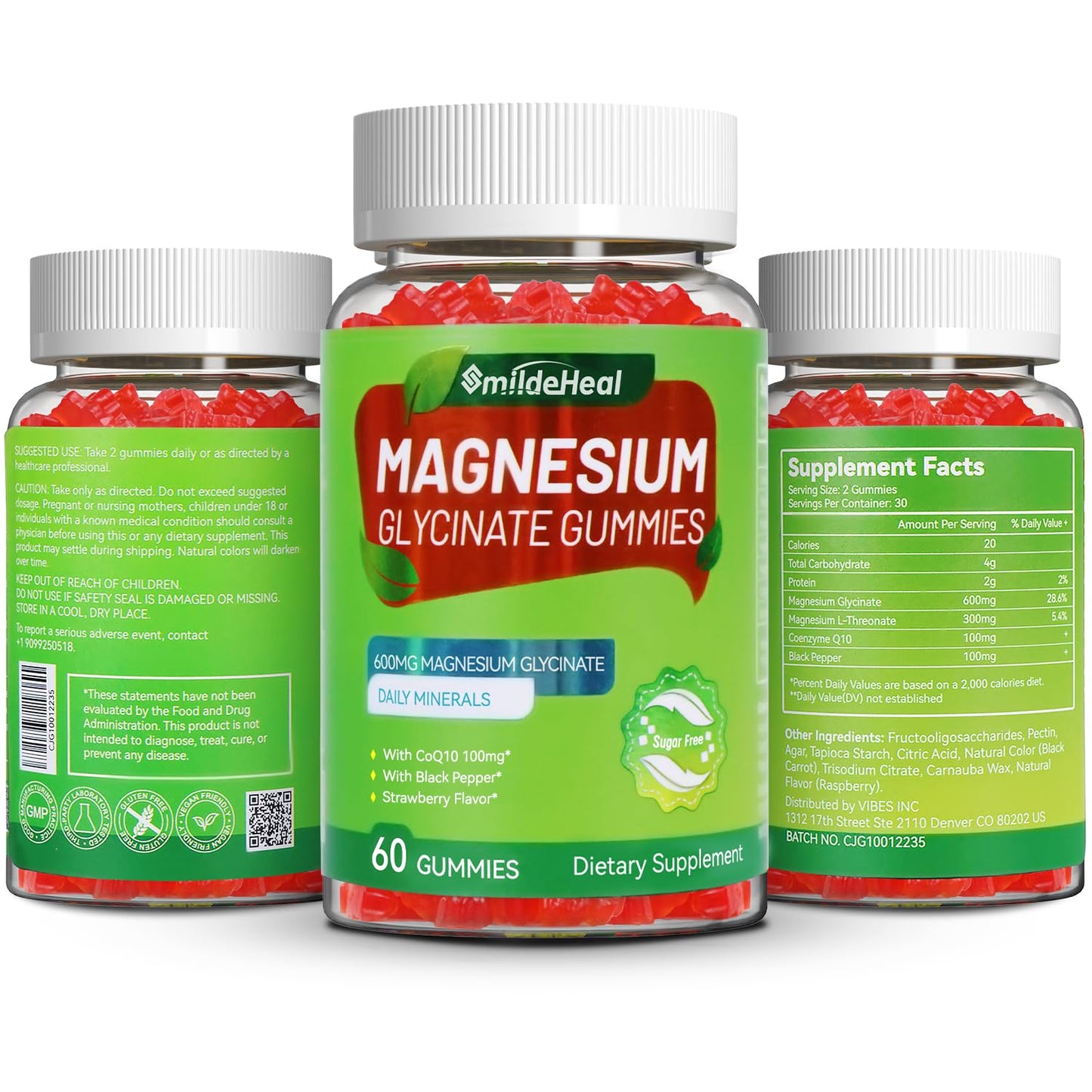 Magnesium Glycinate Gummies 600mg for Women & Men, with Magnesium L-Threonate 300mg, CoQ10 and Black Pepper, Vegan (60 Count)