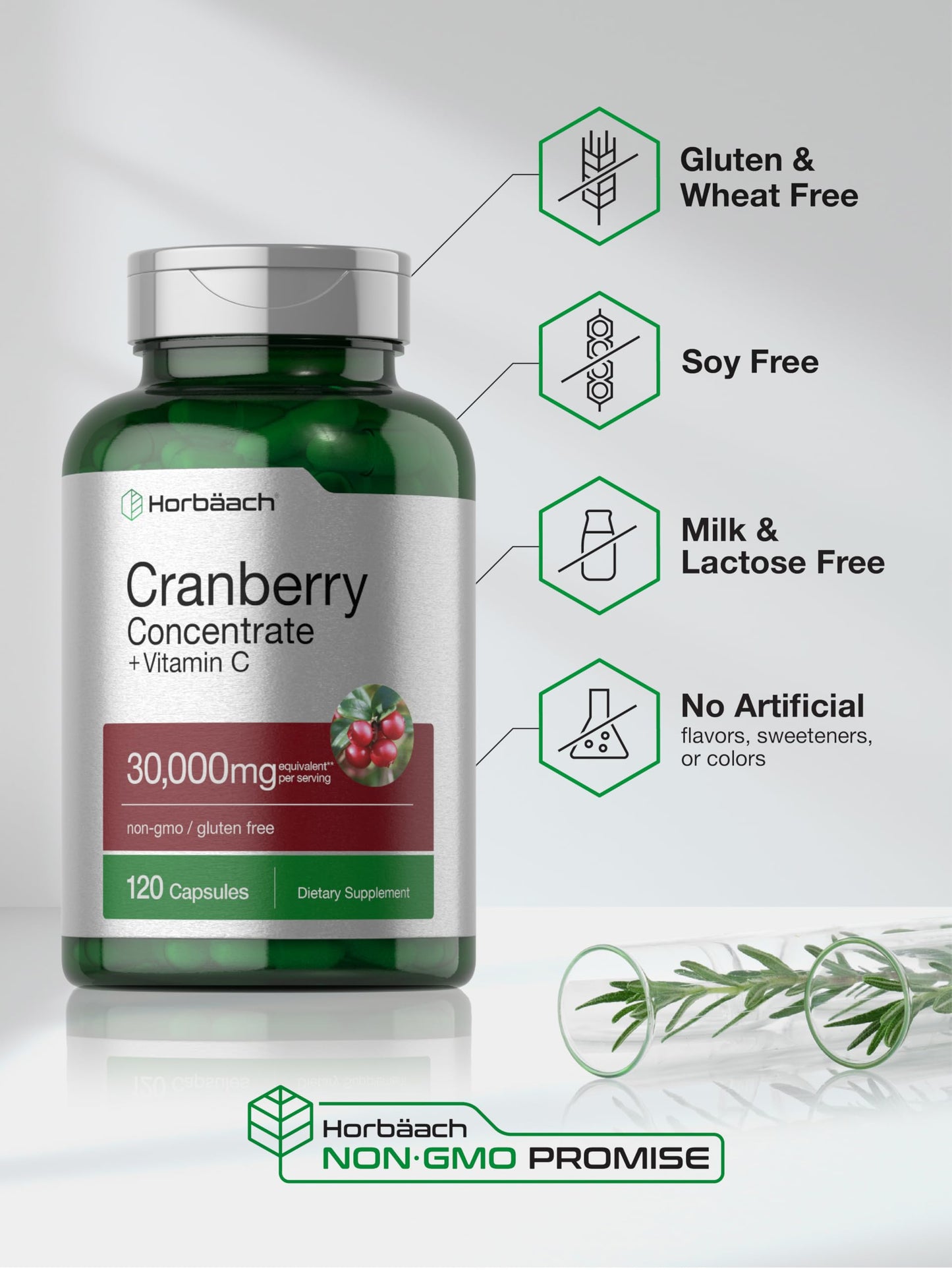 Horbäach Cranberry Concentrate Extract Pills + Vitamin C | 120 Capsules | Supplement for Women and Men | Triple Strength Ultimate Potency Formula | Non-GMO and Gluten Free