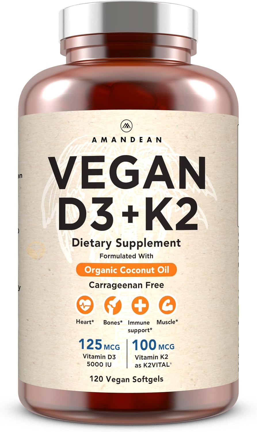 AMANDEAN Vegan Vitamin D3 K2 Supplement, 5000 IU, MK-7, 120 Softgels