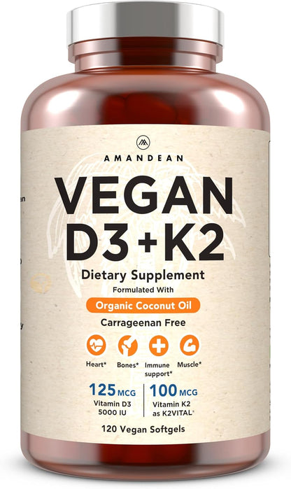 AMANDEAN Vegan Vitamin D3 K2 Supplement, 5000 IU, MK-7, 120 Softgels