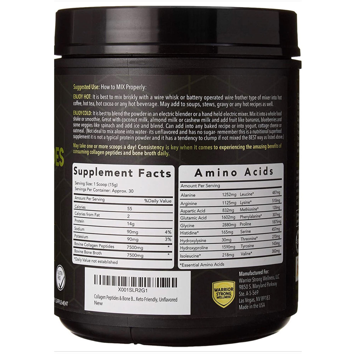 Warrior Strong Wellness Premium Collagen Peptides Bone Broth: Grass Fed Hydrolyzed