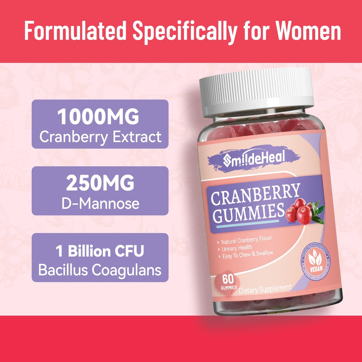 Cranberry Gummies 1000mg, Cranberry Supplements for Women 60 Count | Cranberry Gummies 1000mg, Cranberry Supplements for Women, with D-Mannose 250mg, Urinary Tract Health 60 Count