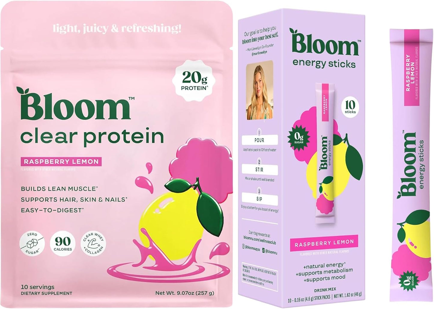 Bloom Raspberry Lemonade Clear Protein and Energy Stick Packs Bundle