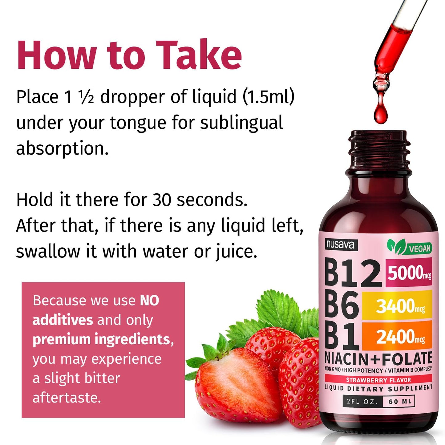 NUSAVA (2 Pack) Vitamin B12 Liquid Drops with B6, B1, Niacin & Folate — B12 Sublingual Vitamin B Complex, Methylcobalamin 5000 mcg, for Energy, Brain & Heart Support, Raspberry Flavor, 80 Servings