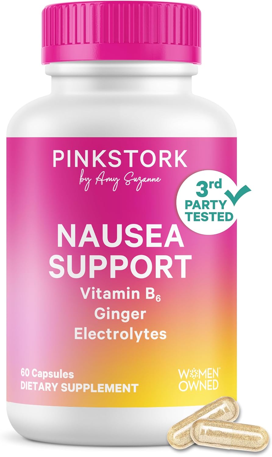 Pink Stork Vitamin B6, Ginger, Electrolyte Capsule, 60ct | Motion Sickness, +GLP-1 Support, Natural Digestive Support with Peppermint, Potassium, Magnesium, Gentle on the Stomach