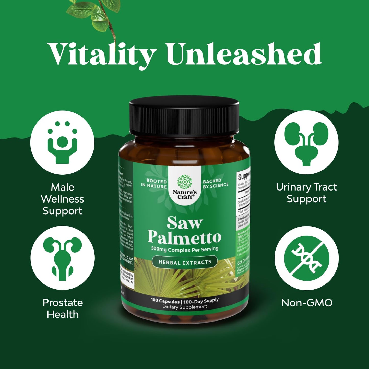 Extra Strength Saw Palmetto Extract - Advanced Herbal Complex for Hair Health and Urinary Support with Plant Sterols & Flavonoids - Potent Herbal Supplement with 500mg per Serving - 100 Count