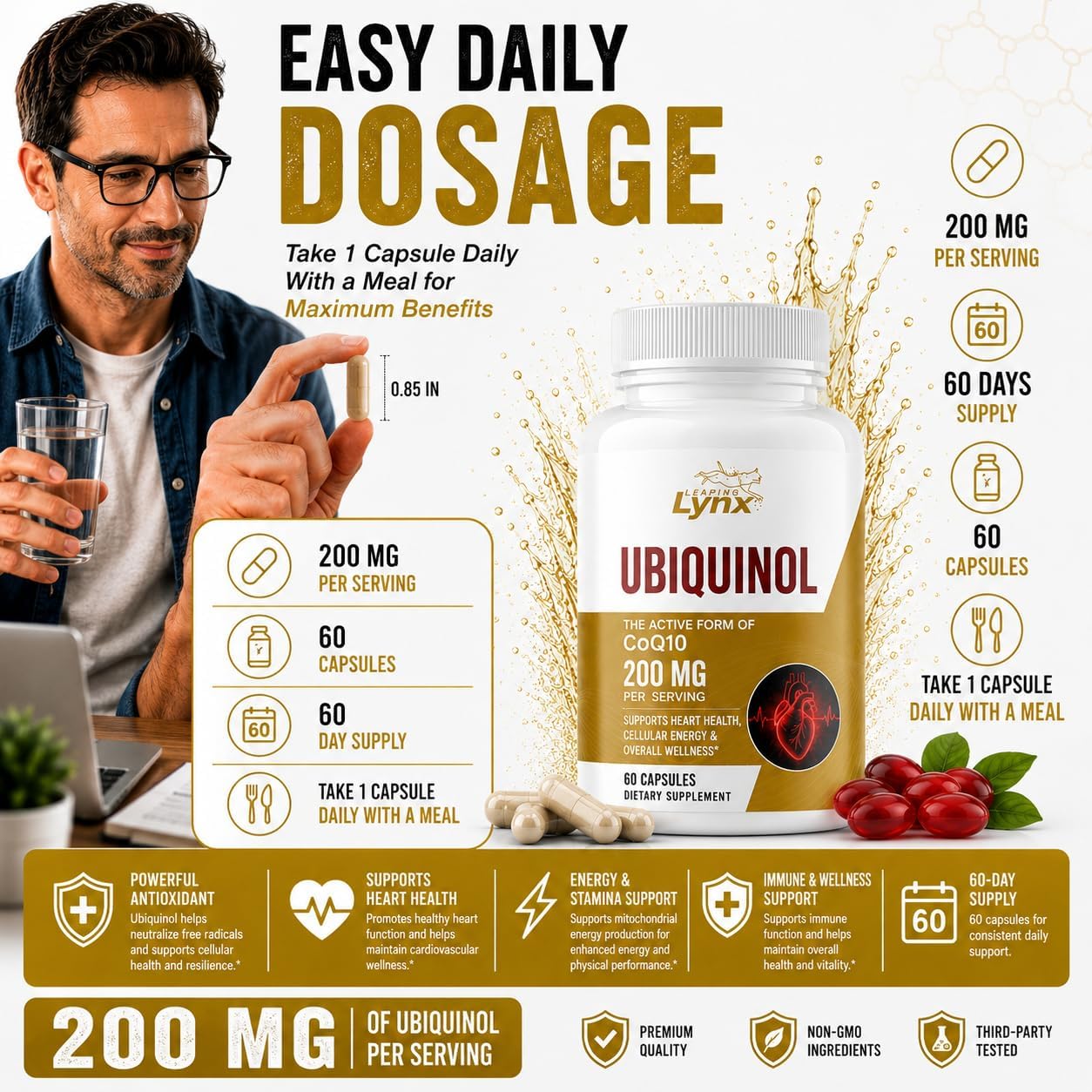 Ubiquinol CoQ10 200mg – High Absorption Active Coenzyme Q10 Supplement for Heart Health, Energy & Cellular Vitality | 60 Capsules, 60-Day Supply | Bioavailable Antioxidant Formula | Non-GMO