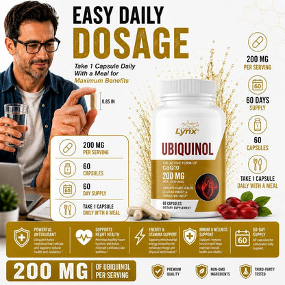 Ubiquinol CoQ10 200mg – High Absorption Active Coenzyme Q10 Supplement for Heart Health, Energy & Cellular Vitality | 60 Capsules, 60-Day Supply | Bioavailable Antioxidant Formula | Non-GMO