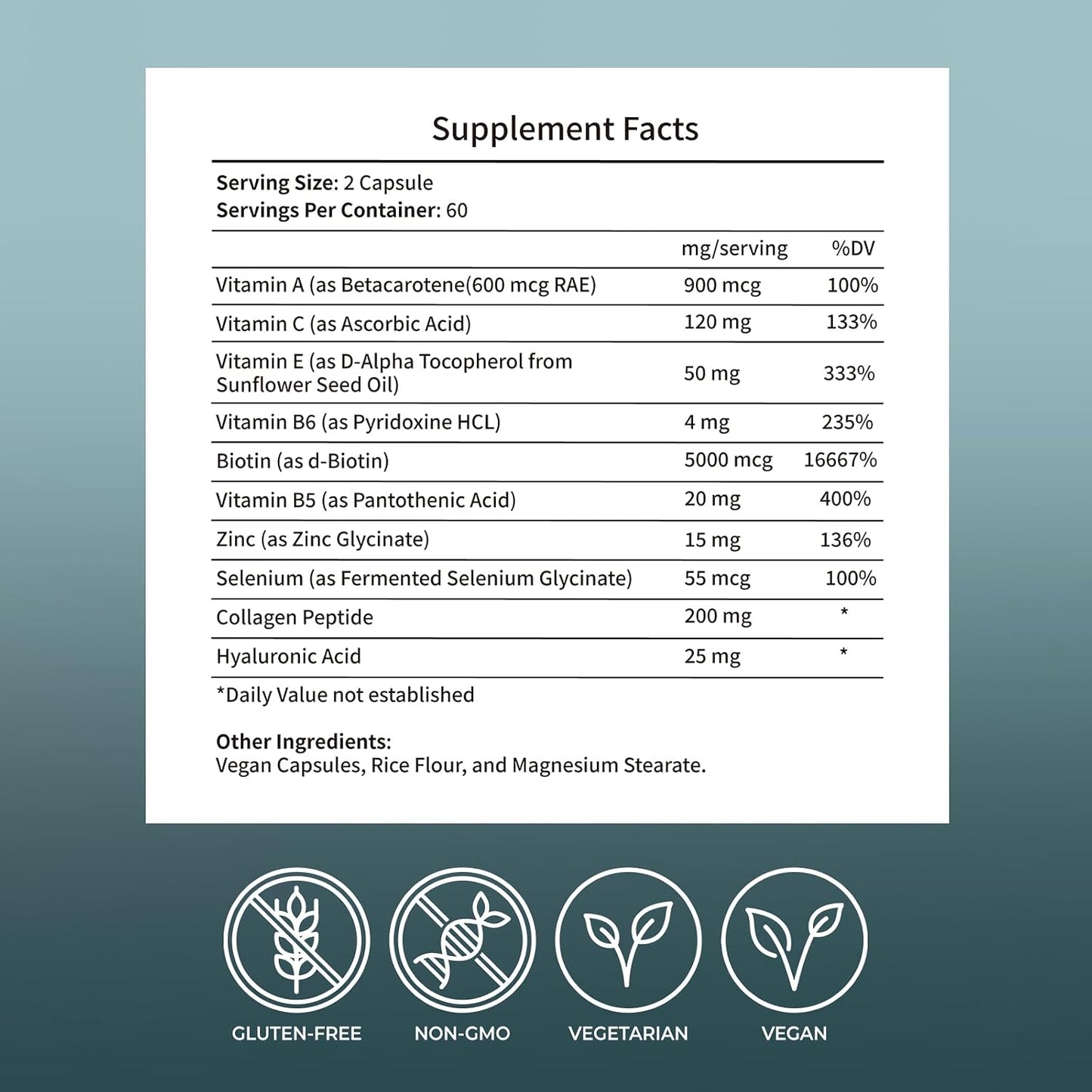 Women’s Hair Skin & Nails Vitamins Supplement,with Biotin,Collagen Peptides,Hyaluronic Acid,Vitamin A, C, E, B5,B6,Helps Maintain Skin Moisture and Suppleness,Support Hair Nails Health,120 Capsules