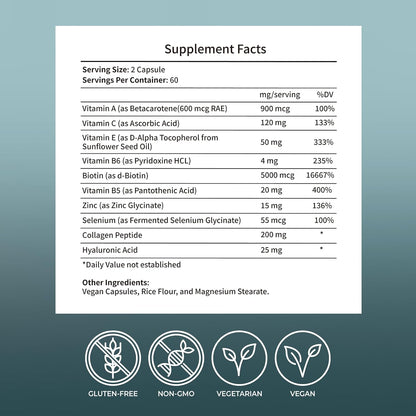 Women’s Hair Skin & Nails Vitamins Supplement,with Biotin,Collagen Peptides,Hyaluronic Acid,Vitamin A, C, E, B5,B6,Helps Maintain Skin Moisture and Suppleness,Support Hair Nails Health,120 Capsules