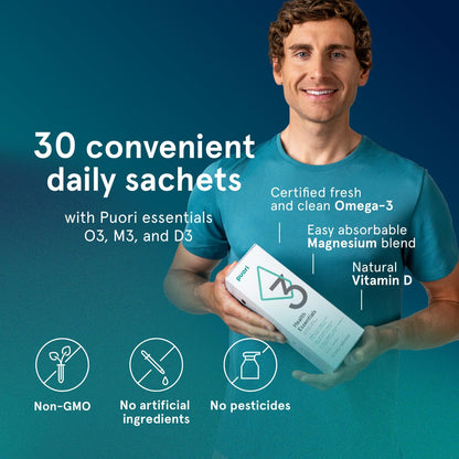 Puori P3 Health Essentials with Magnesium Zinc Complex, Omega 3 Fish Oil & Vitamin D3 Supplements - Men & Womens Daily Multi-Vitamins for Immune System Support & Overall Health - 30 Servings