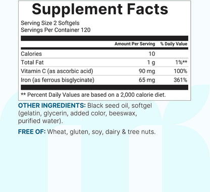 Micro Ingredients Ferrous Iron Bisglycinate 65 mg, 240 Softgels | Chelated Iron Supplement for Women & Men | Supports Red Blood Cell Production* | with Vitamin C & Black Seed Oil | Non-GMO