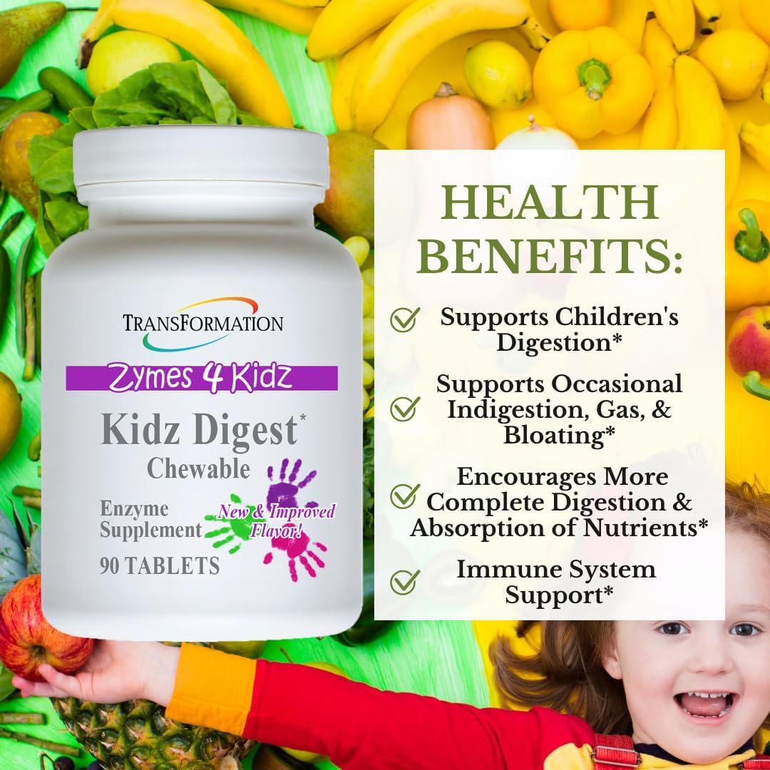 TRANSFORMATION THE GENESIS OF GOOD HEALTH Enzymes Kidz Digestive Enzyme Supplement Chewable, Promote Healthy & Complete Digestion & Elimination for Children, 90 Tablets