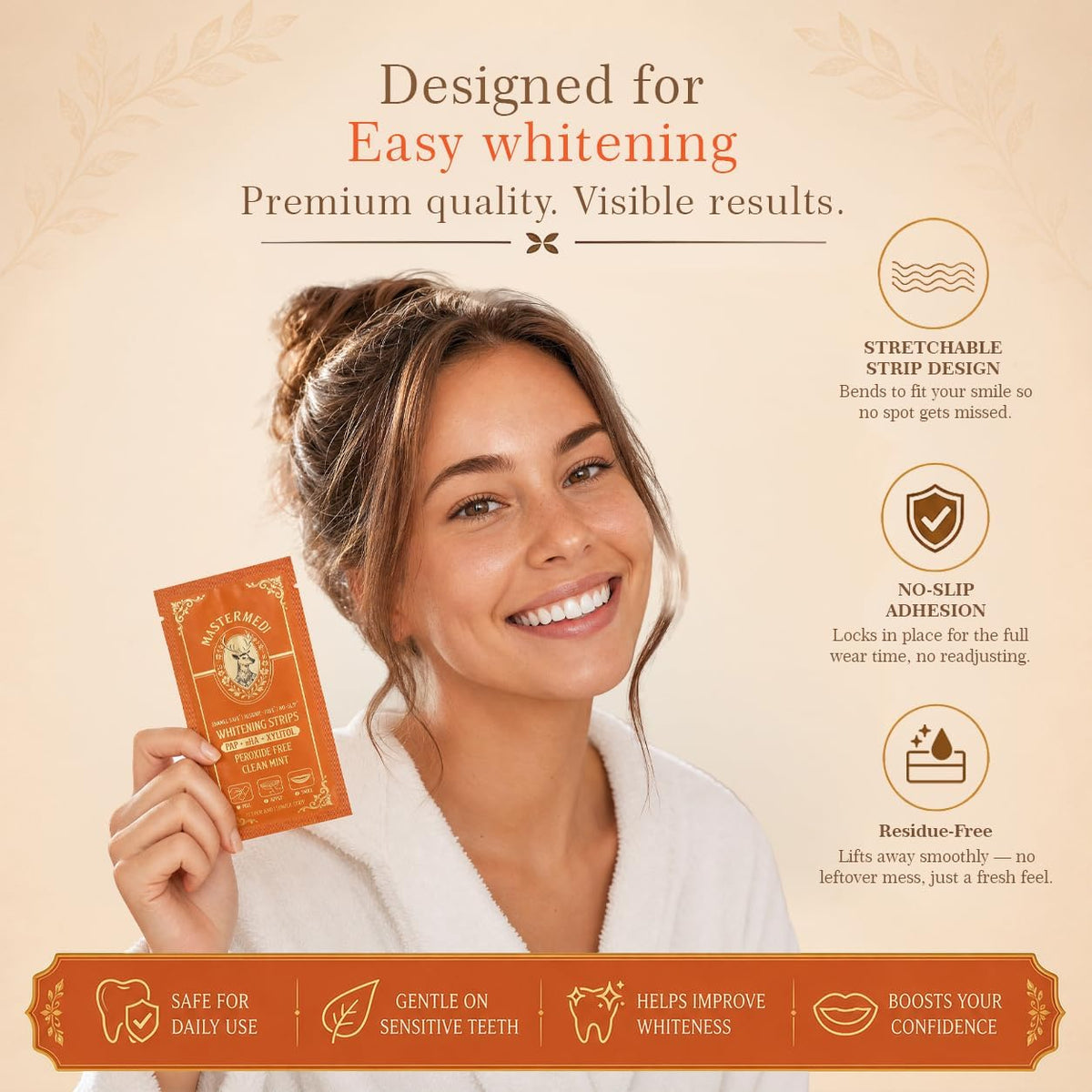 MasterMedi 3-in-1 Formula Teeth Whitening Strips Kit, 14 Strips (7 Treatments) with Pap, Nano Hydroxyapatite & Xylitol. Enamel Safe, Peroxide-Free, No-Slip Technology for Sensitive Teeth (Clean Mint)
