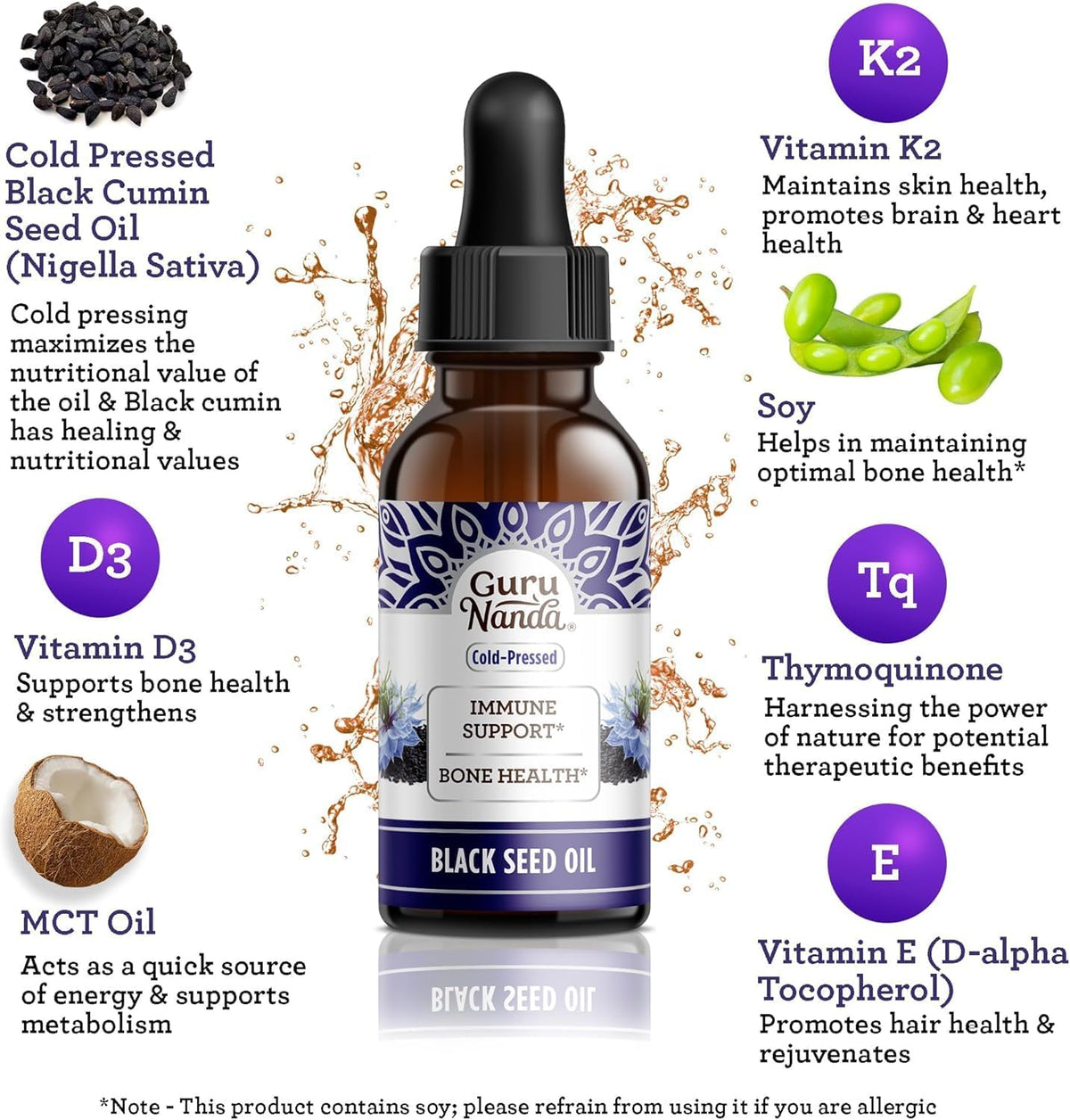 GuruNanda Black Seed Oil, Cold-Pressed Nigella Sativa - Rich in Vitamin D3 5000 Units, K2 & E, High Thymoquinone | Potent Antioxidant for Immune Support, Non-GMO, 2 Fl.oz