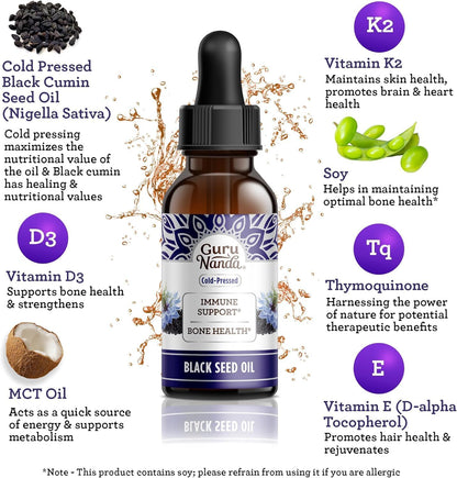 GuruNanda Black Seed Oil, Cold-Pressed Nigella Sativa - Rich in Vitamin D3 5000 Units, K2 & E, High Thymoquinone | Potent Antioxidant for Immune Support, Non-GMO, 2 Fl.oz