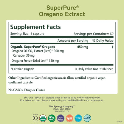 PURE SYNERGY SuperPure Oregano Extract | Oregano Oil Extract Capsules | Organic Oil and Leaf Supplement | for Immune, Digestive, and Respiratory Health (60 Capsules)
