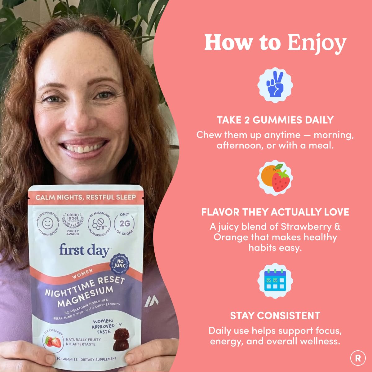 FIRST DAY Magnesium Gummies for Women, L-Theanine, Melatonin-Free, 60ct | Vegan strawberry Magnesium for Women, citrate, L-theanine and Zembrin; melatonin-free nighttime relaxation support.