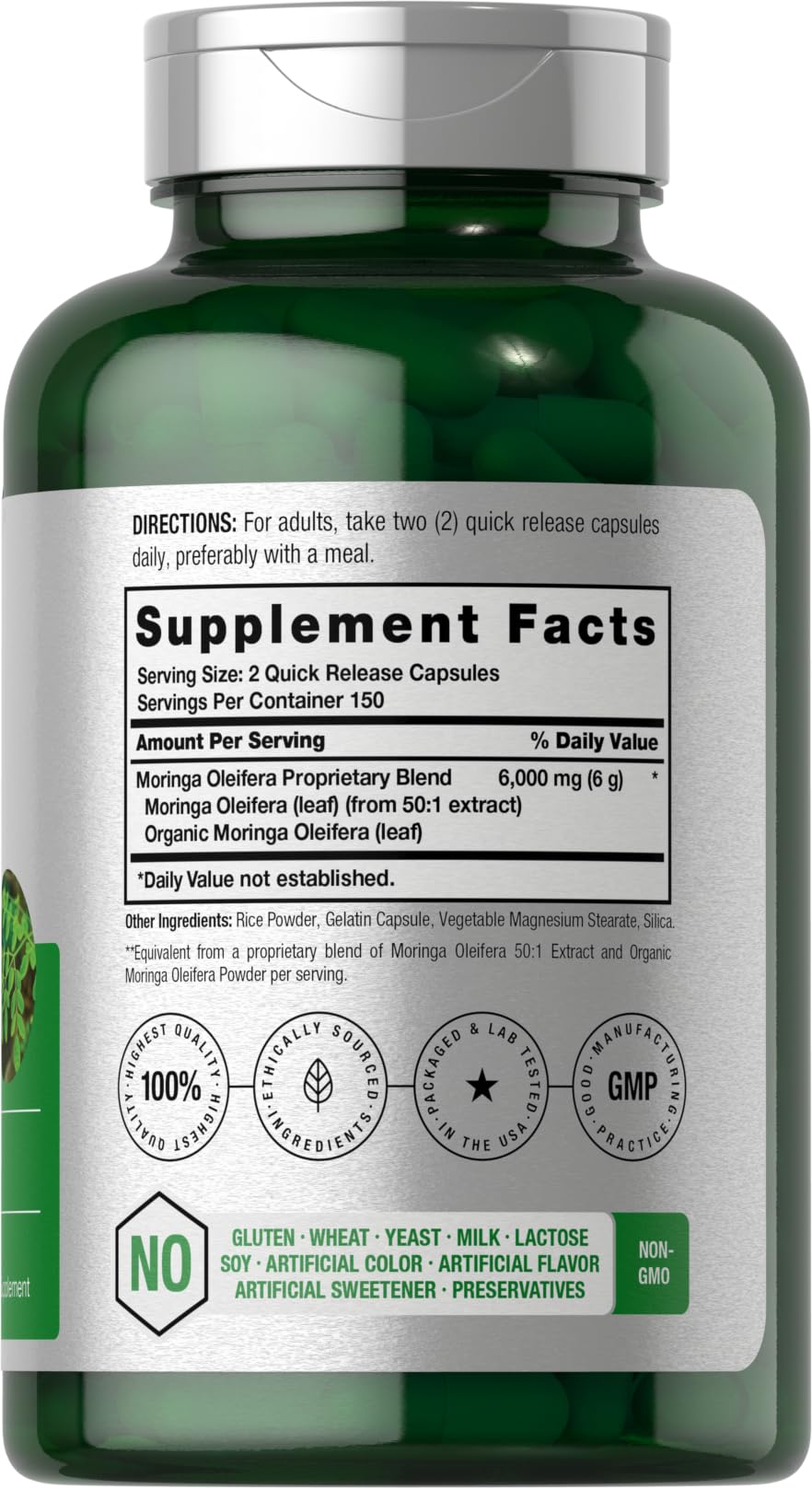 Horbäach Moringa Oleifera | 6000mg | 300 Powder Capsules | Non-GMO and Gluten free