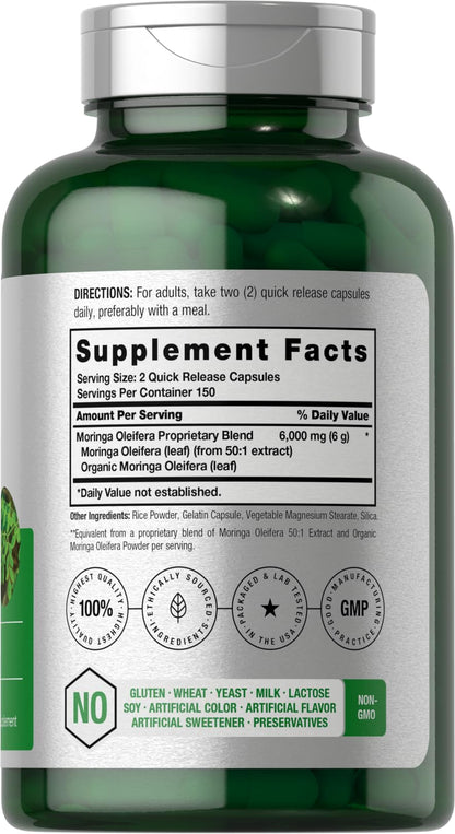 Horbäach Moringa Oleifera | 6000mg | 300 Powder Capsules | Non-GMO and Gluten free