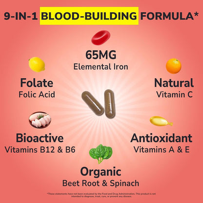 Vitalibre Iron Supplement for Women and Men, Iron Bisglycinate, 65mg Elemental Iron, Non-Constipating, with Vitamins C B6 B12 Folate & Beet Root, 60 Caps