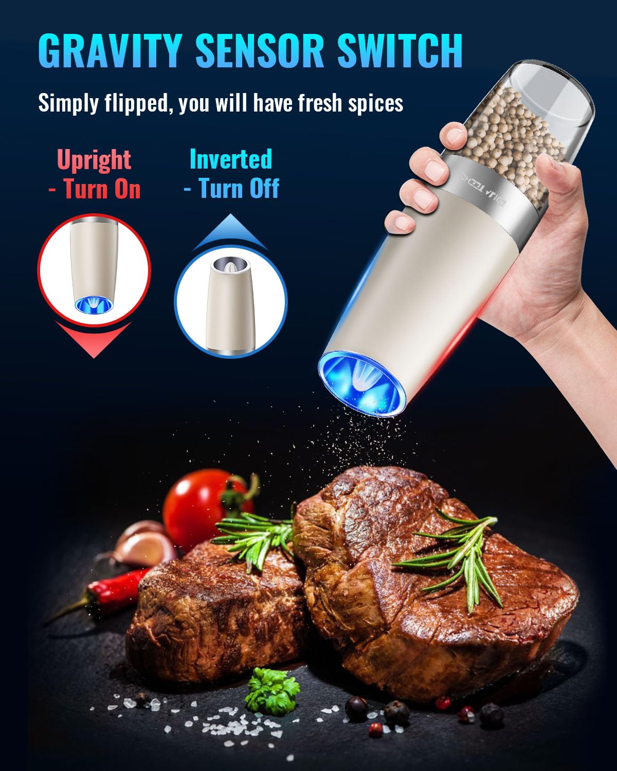 Gravity Electric Pepper and Salt Grinder Set, Adjustable Coarseness, Battery Powered