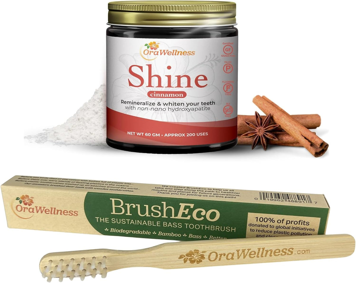 OraWellness Shine Cinnamon Remineralizing Tooth Whitening Powder + BrushEco Bamboo Toothbrush with 3 Rows