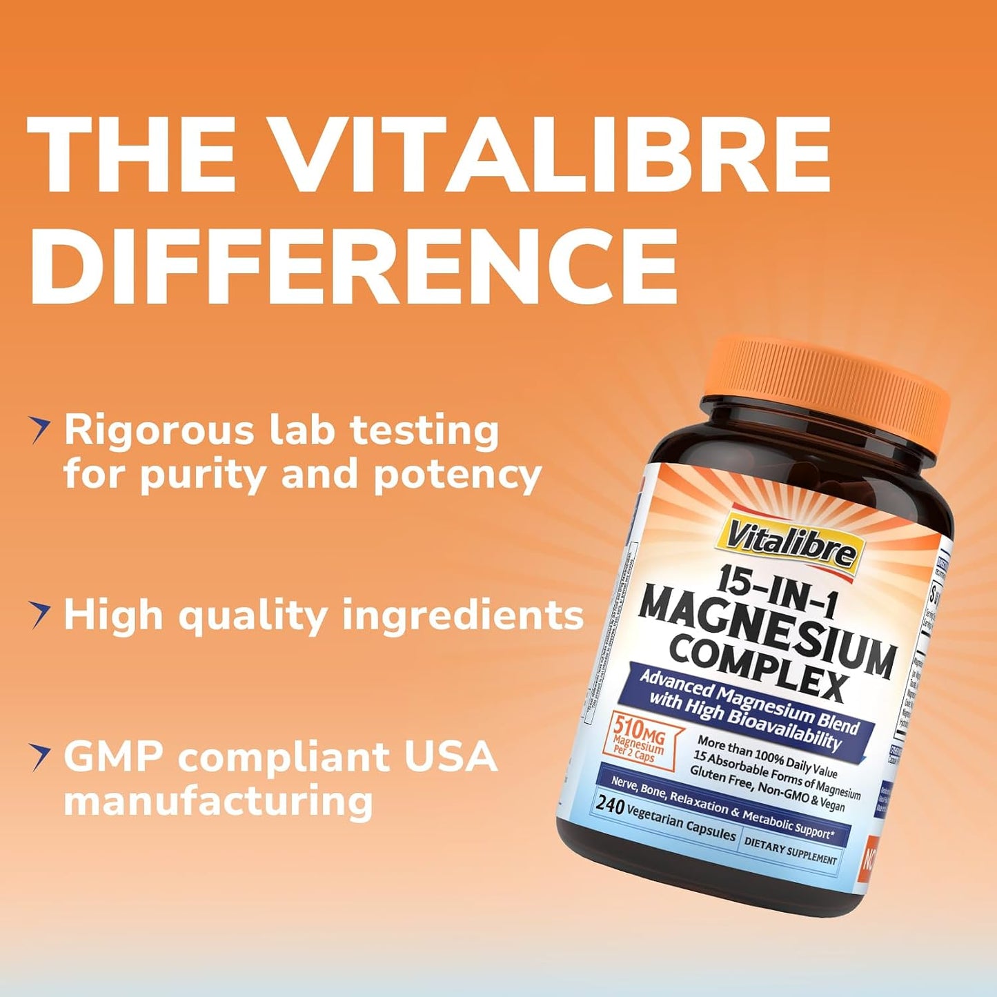 Vitalibre 15 in 1 Magnesium Complex for Women & Men 510mg, 240 Capsules | Maximum Absorption Glycinate, Malate, Taurate, Citrate and More for Bones, Heart, Recovery, Energy | Non-GMO