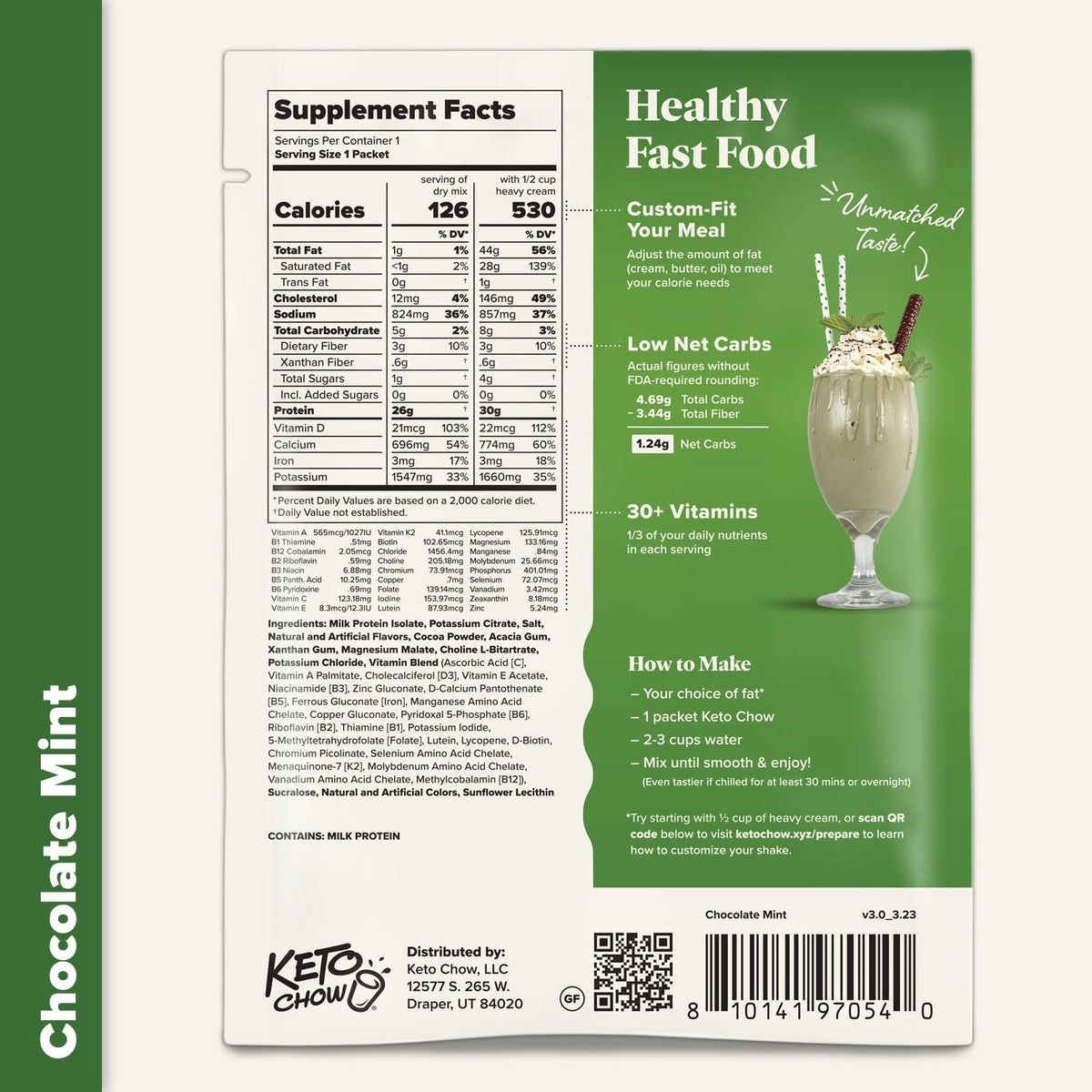 Keto Chow Chocolate Mint | Keto Meal Replacement Shake | Nutritionally Complete | Low Carb | Delicious Easy Meal Substitute | You Choose The Fat | 21 Meal Bulk Pack
