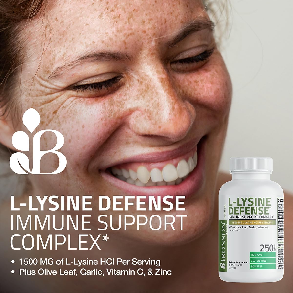 Bronson L-Lysine Defense Immune Support Complex, 1500 mg, 90 Capsules | Essential Amino Acid with Olive Leaf, Garlic, Vitamin C & Zinc, Vegetarian, Non-GMO, Gluten-Free & Soy-Free