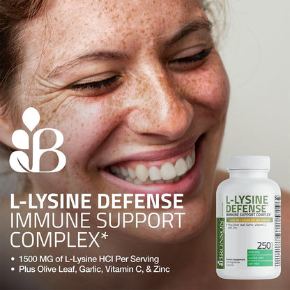 Bronson L-Lysine Defense Immune Support Complex, 1500 mg, 90 Capsules | Essential Amino Acid with Olive Leaf, Garlic, Vitamin C & Zinc, Vegetarian, Non-GMO, Gluten-Free & Soy-Free