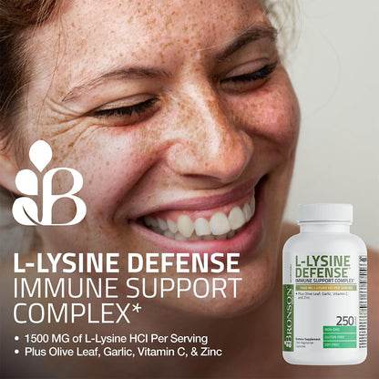 Bronson L-Lysine Defense Immune Support Complex, 1500 mg, 90 Capsules | Essential Amino Acid with Olive Leaf, Garlic, Vitamin C & Zinc, Vegetarian, Non-GMO, Gluten-Free & Soy-Free