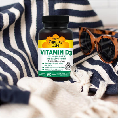 Country Life Vitamin D3 2500 IU – Non-Fish Derived, High Potency Vitamin D3 for Bone Strength, Immune Support & Calcium Absorption – Certified Gluten-Free, 200 Softgels