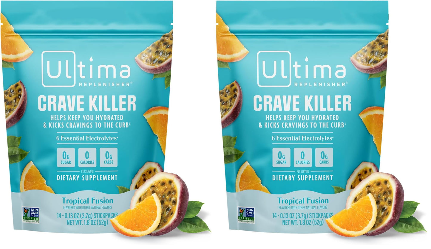Ultima Replenisher Crave Killer Supplement, Tropical Fusion, 14 Stickpacks | Daily Zero Sugar Electrolyte Powder Hydration Packets with 6 Key Electrolytes & Chromax to Help Curb Cravings - Keto Friendly