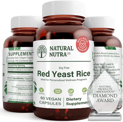 Natural Nutra Red Yeast Rice Extract, Cardiovascular Support, Helps Enhance Immunity, Improve Digestion, Improve Body Fluid Flow, Improve Heart Health, Gluten Free Supplements, 600 mg 60 Capsules