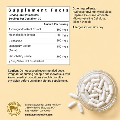 Luma Nutrition Cortisol Supplement for Women and Men - 60 Capsules