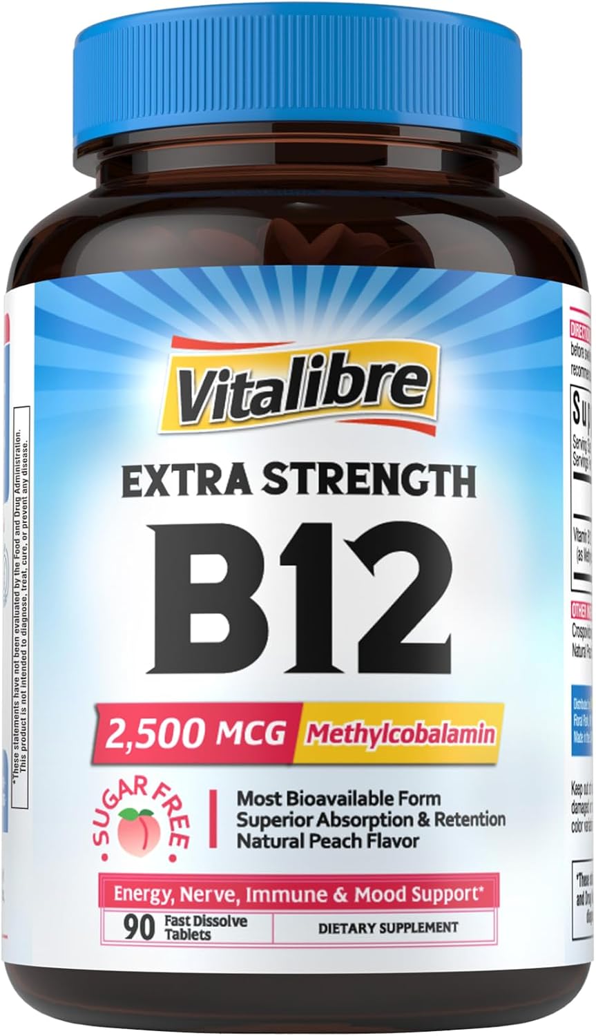 Vitalibre Vitamin B12 2500 mcg, Extra Strength Sublingual Methylcobalamin, Natural Peach Flavor, Nervous System, Energy Support, No Sugar, 90 Fast Dissolve Tablets