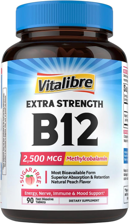 Vitalibre Vitamin B12 2500 mcg, Extra Strength Sublingual Methylcobalamin, Natural Peach Flavor, Nervous System, Energy Support, No Sugar, 90 Fast Dissolve Tablets