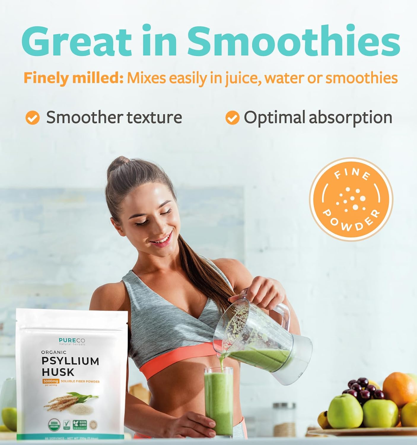 Psyllium Husk Powder Organic Certified - Finely Ground Whole Psyllium Husk Organic Fiber Powder for Baking Smoothies & More - Vegan Gluten Free Non-GMO & Filler Free Soluble Fiber (66 Servings)