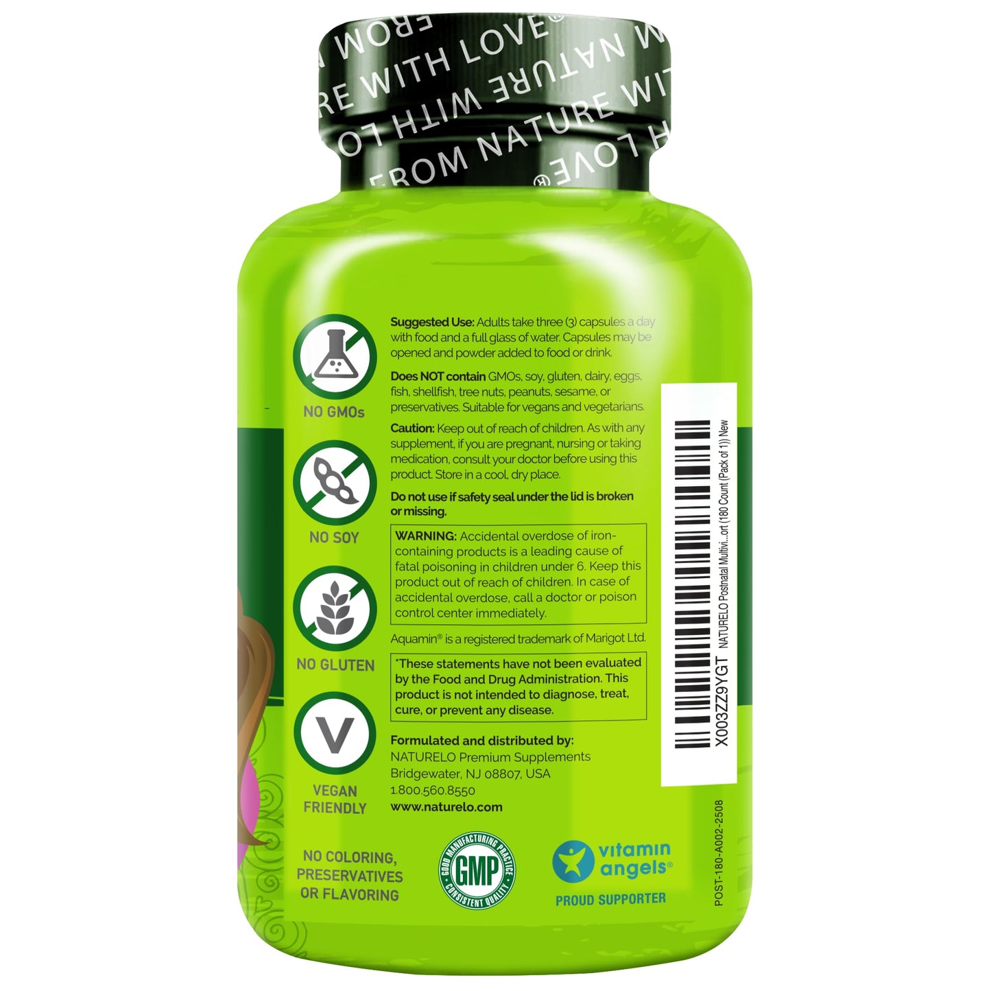 NATURELO Postnatal Multivitamin - Supplement for Breastfeeding Women - Plant-Based Vitamin D, Folate, Gentle Iron - for Nursing Mother, Baby - Post Natal Lactation Support 180 Capsules