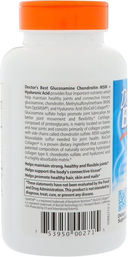 Doctor's Best Glucosamine Chondroitin MSM + Hyaluronic Acid with OptiMSM Featuring Biocell Collagen, Joint Support, Non-GMO, Gluten & Soy Free, 150 Caps