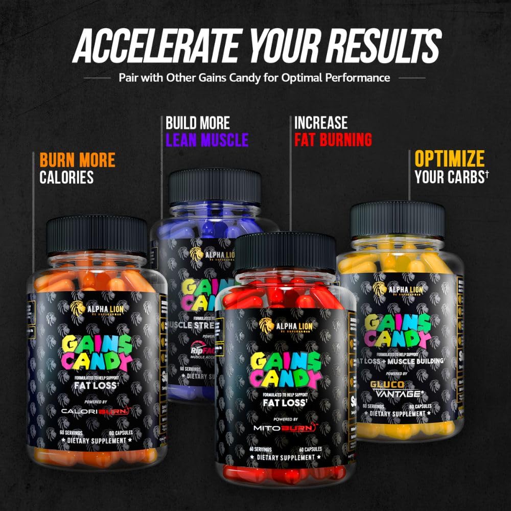 ALPHA LION Gains Candy, Supplement Pills that Support Weight Loss, Appetite Suppressant, Keto-Diet Friendly, Decrease Body Fat, Upgrade Energy & Workout Performance, 60 Capsules (MitoBurn®)