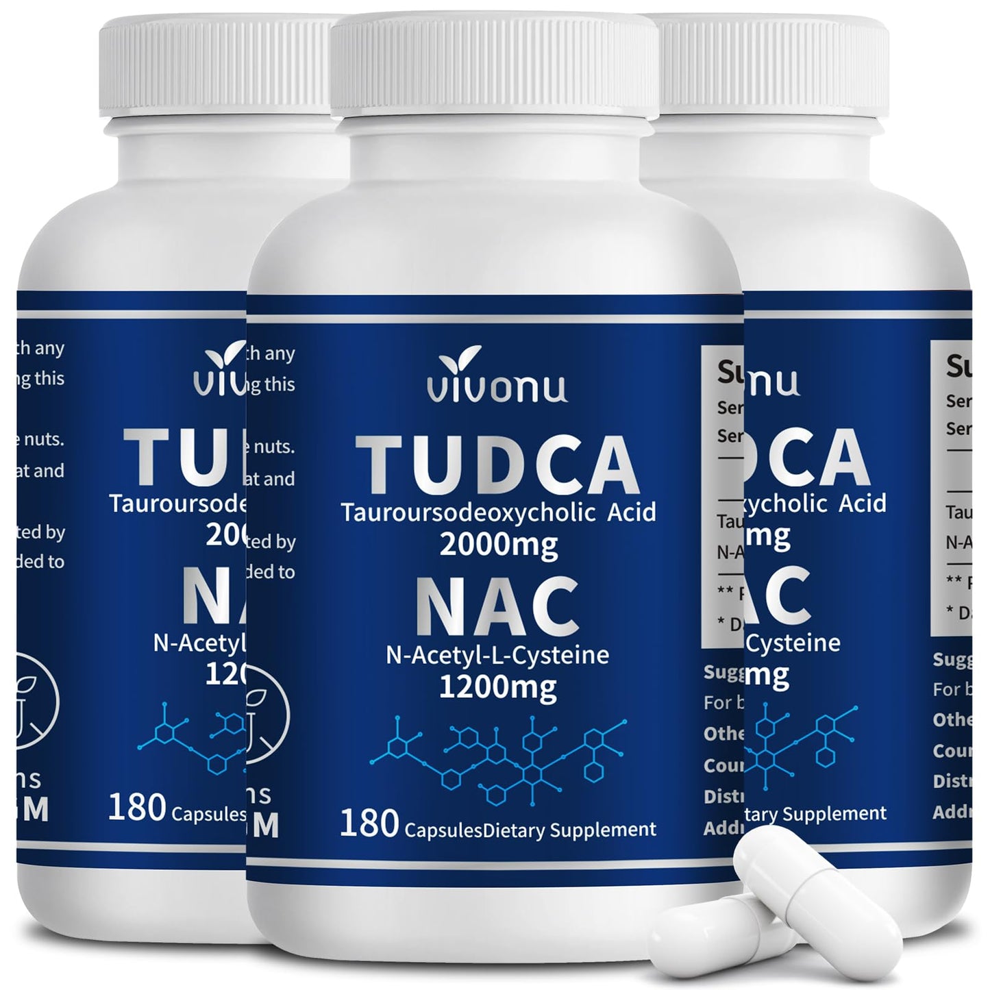 VivoNu TUDCA 675mg + NAC 375mg Supplement Complex Capsules, Powerful TUDCA Bile Salt + N Acetyl Cysteine, Antioxidant Supplements for Liver & Lung& Gallbladder Cleanse, Digestion - 180 Capsules