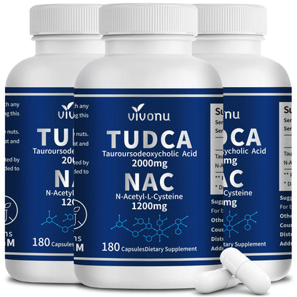 VivoNu TUDCA 675mg + NAC 375mg Supplement Complex Capsules, Powerful TUDCA Bile Salt + N Acetyl Cysteine, Antioxidant Supplements for Liver & Lung& Gallbladder Cleanse, Digestion - 180 Capsules